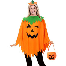 3-piece Halloween pumpkin costume for women, adult pumpkin cape with headband and bag, glow-in-the-dark.