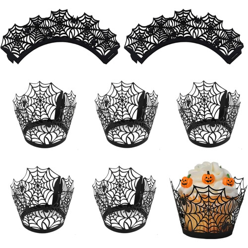 50 Halloween cake liners, spider web cups, Halloween party decorations