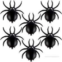 Six black spider-shaped foil balloons, 33 inches in size, perfect for Halloween parties, haunted houses, and other spooky decorations...