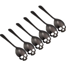Juego de 6 cucharas de acero inoxidable para remover café con diseño de calavera de Halloween, color negro.