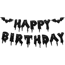 Deux banderoles noires à paillettes « Joyeux anniversaire Halloween », décorations de fanions en papier à suspendre pour Halloween.