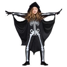 Halloweenský kostým netopiera s plášťom, mäkké a pevné body, dlhý rukáv so vzorom lebky, vhodný pre deti s výškou 140 cm.