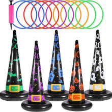 5 Halloween ringwerpspeeltjes, inclusief 10 ringen en een luchtpomp (willekeurige kleuren), opblaasbaar heksenhoed ringwerpspel.