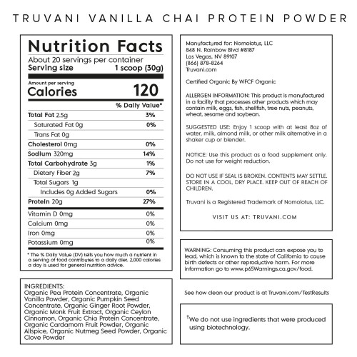 Truvani Plant Based Protein Powder - Vanilla Chai 20 Servings 1