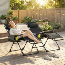 Outsunny Zero Gravity Chairs Set of 2 with Cup Holder, Headrest, Black