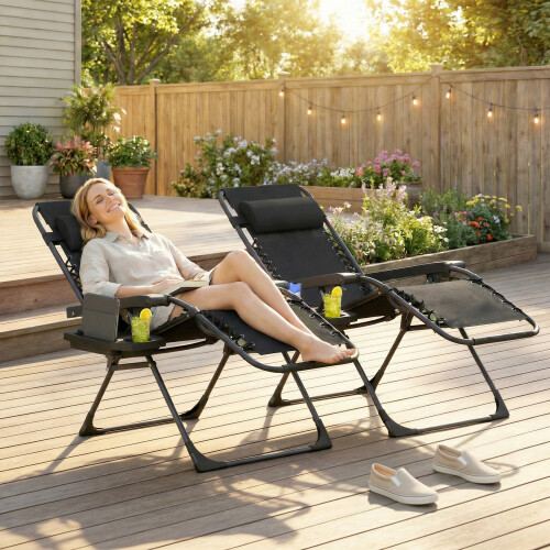 Outsunny Outsunny Zero Gravity Chairs Set of 2 with Cup Holder, Headrest, Black