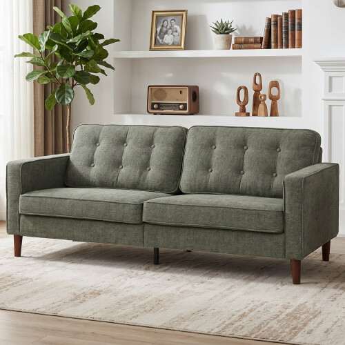 Homcom HOMCOM 3 Seater Sofa with Button Tufting Wood Legs, Green 1