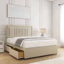 (Cream, 6ft Super King (with Mattress)) Divan Bed Base Upholstered Velvet 24” Headboard with Mattress 2 Drawers Storage Double Bed