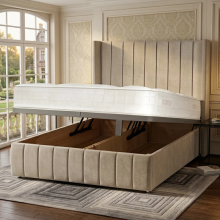 (6ft Super King(No Mattress), Cream Velvet) Luxury Ottoman Divan Storage Bed Winged Panel Plush Velvet 48" Headboard Double
