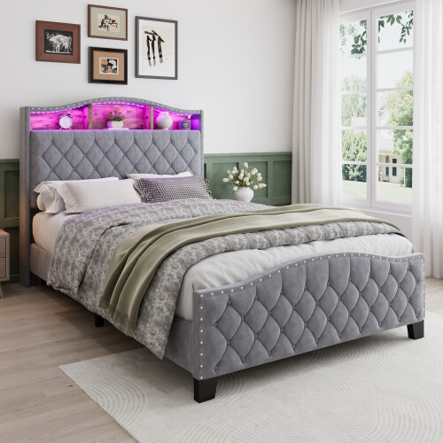 (Double) Roomfitters Upholstered Storage Bed Frame with LED Light Strips and Bedside Storage Pockets, Soft Backrest Platform Bed Frame, Grey