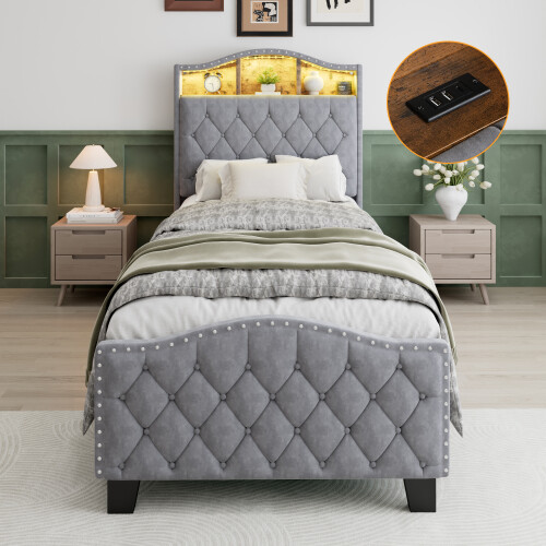 (Single) Roomfitters Upholstered Storage Bed Frame with LED Light Strips and Bedside Storage Pockets, Soft Backrest Platform Bed Frame, Grey