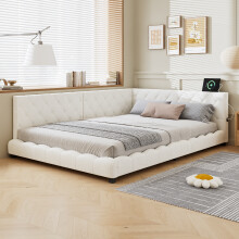 Roomfitters Double 135x190cm Upholstered Bed Frame with Side Rails and Two Padded Headboards, Platform Sofa Bed Furniture for Guest Bedroom, Beige