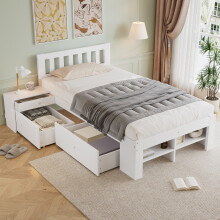 (Single) Roomfitters Double Size 4ft6 Wooden Bed Frame with 2 Bedside Tables Swappable Drawers Footboard Storage Compartment Wood Slats, White