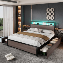 (Double) Roomfitters Metal Bed Frame with LED Light Strip 4 Storage Drawers USB Type C Charging Port Wrought Iron No Mattress, Grey