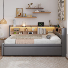 Roomfitters Single Size 3FT Upholstered Daybed Sofa Bed Frame with Pull Out Trundle Storage Headboard LED Light Strip USB Charging Port, Grey