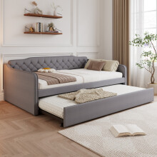 Roomfitters Double Size 4ft6 Upholstered Daybed Sofa Bed Frame with Pull Out Trundle Bed Soft Velvet Padding No Mattress Included, Grey