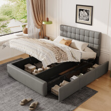 Roomfitters Double 135x190cm Upholstered Hydraulic Storage Bed Frame with 3 Drawers, PU Leather Bed Base Base Furniture for Guest Bedroom, Grey