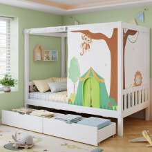 Roomfitters Single 90x190cm Wooden Storage Bed Frame with Decorative Curtains and 2 Drawers, Cottage House Bed Base Furniture for Bedroom, White Green