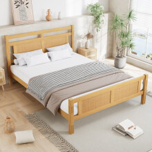 (Double) Roomfitters Wooden Bed Frame with MDF Rattan Paper Detailing Sturdy Plywood Slats Support for Bedroom, Natural Wood