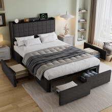 Roomfitters Double Size 4ft6 Upholstered Storage Bed Frame with 4 Drawers USB Charging Port Soft Backrest Metal Bracket No Mattress, Grey