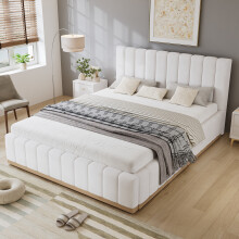 Roomfitters Double Size 4ft6 Upholstered Bed Frame with Padded Soft Headboard PU Leather Sturdy Wooden Slats Support No Mattress, Beige