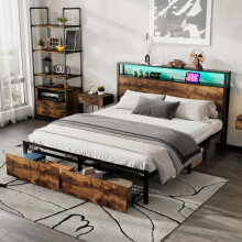 Roomfitters Double Size 4ft6 Metal Bed Frame with LED Light Strip 2 Drawers USB Type C Charging Socket Wrought Iron, Black Dark Walnut