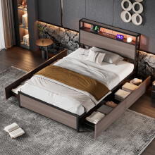 (Single) Roomfitters Metal Bed Frame with LED Light Strip 4 Storage Drawers USB Type C Charging Port Wrought Iron No Mattress, Grey