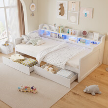 Roomfitters Single Size 3ft Wooden Daybed Storage Bed Frame with LED Strip Light Storage Compartments 2 Drawers on Wheels for Bedroom, White