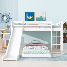Roomfitters Single Bunk Bed Frame with Slide and Ladder, Solid Pine Wood Cabin Loft Bed Platform Frame for 190x90cm and 200x90cm Mattress Base, White