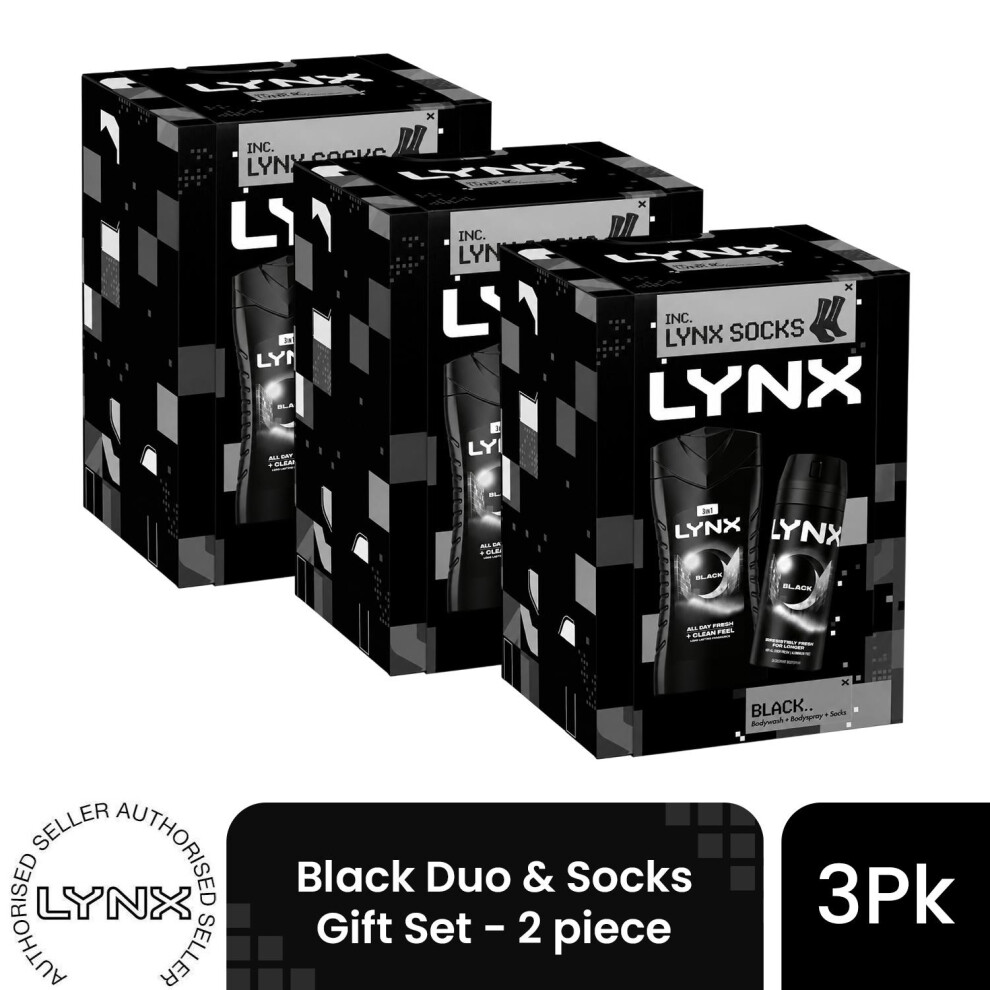 Lynx (Pack Of 3) Black Duo & Socks Gift Set 2 Piece, Choose Your Pack 1,2,3 Or 4