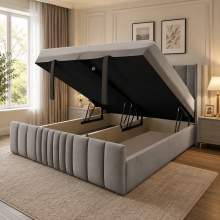 (4ft6" Double(with Mattresss), Grey Velvet) Ottoman Divan Winged Panel Bed Plush Velvet Upholstered 48" Headboard Double UK