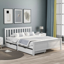(White, Double) Roomfitters Wooden Bed Frame with Storage Drawers, Solid Pine Wood Platform Bed Frame, Slatted Base Furniture