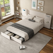 (Beige) Roomfitters Double Size Upholstered Bed Frame with Charging Port Ambient Lighting Anti Collision Sponge Filling PU Leather No Mattress