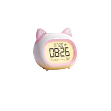 Kinderwekker met nachtlampje, digitale wekker voor de slaapkamer, helpt bij het opbouwen van een routine, schattige roze katt