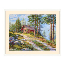 Kit point de croix compté - MEREJKA - K-254 Cabane rouge dans les bois - 30x39,5 cm - Aida 16ct - 41 couleurs DMC
