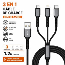 TECHTA Câble de Charge 3 en 1 USB vers USB-C, Lightning et Micro USB, Charge Rapide 3A, Nylon Tressé, 1,2 m, Noir