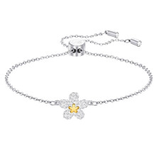 Silver Two-Tone Crystal Flower Slide Bracelet, Sweet Floral Women Fashion Bracelet 5397483-2