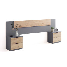 Cabecero para cama de 135-150 cm y 2 mesitas con cajones en gris grafito y apline oak Akari