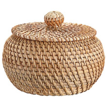 Round Rattan Basket with Lid 6.3"X5.5", Hand-Woven Wicker Storage Bin, Small Decorative Box for Entryway & Picnic