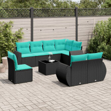 vidaXL 9-teiliges Gartensofa-Set mit Kissen, schwarzes Polyrattan