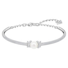 Silver Pave Crystal Bow White Pearl Thin Bangle, Minimal Elegant Ladies Stackable Wrist Bracelet 5461083