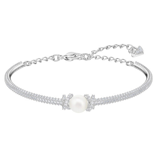 Silver Pave Crystal Bow White Pearl Thin Bangle, Minimal Elegant Ladies Stackable Wrist Bracelet  5461083