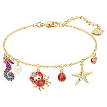 Gold Sea Creature Multi Charm Bracelet, Seahorse Crab Starfish Crystal Pearl Thin Wrist Chain 5457760