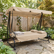 Outsunny 2-in-1 Garden Swing Chair for 3 Person w/ 2 Pillows, Light Brown