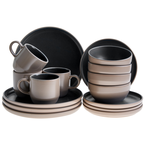 Beliani Set of 16 Dinnerware NUTMEG Stoneware Black/ Beige