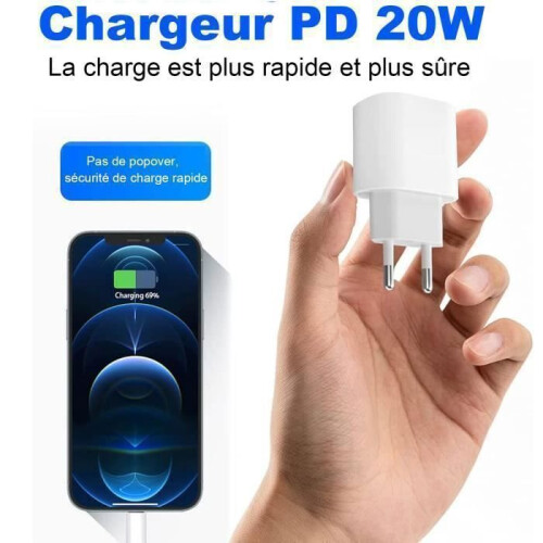 Chargeur rapide SNAKIOX 20W USB C avec câble USB C vers Lightning 2 m pour iPhone blanc 2