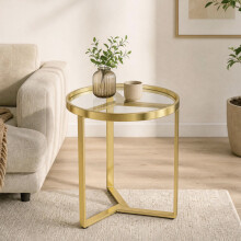 HOMCOM Round Side Table with Tempered Glass Top and Metal Frame, Gold Tone