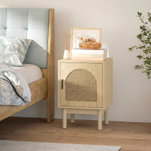 HOMCOM Boho Bedside Table with Rattan Door and Adjustable Shelf, Natural