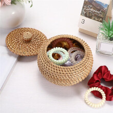 Round Rattan Basket with Lid 6.3"X5.5", Hand-Woven Wicker Storage Bin, Small Decorative Box for Entryway & Picnic
