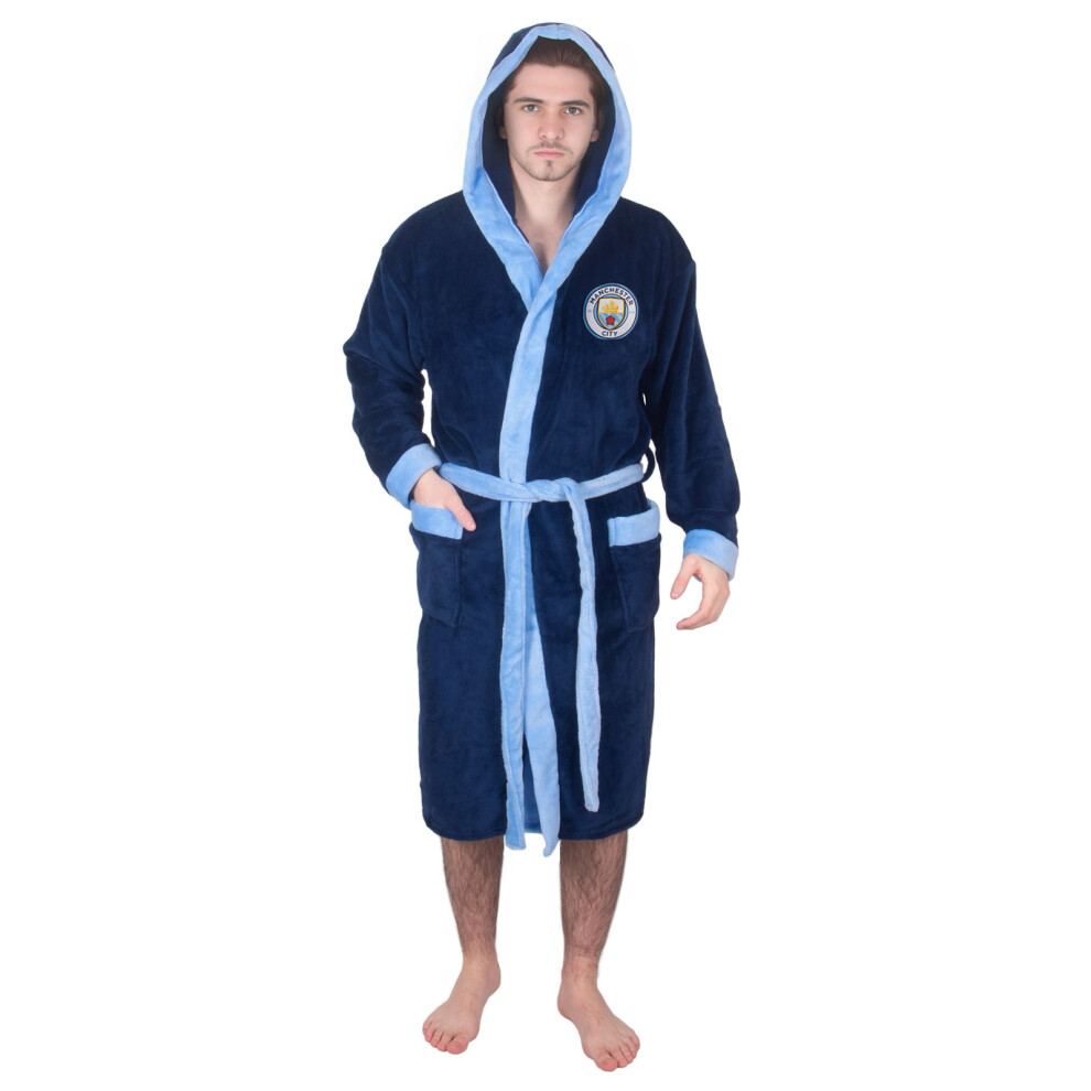 Manchester City Fc Official Gift Mens Fleece Dressing Gown Robe Navy Medium